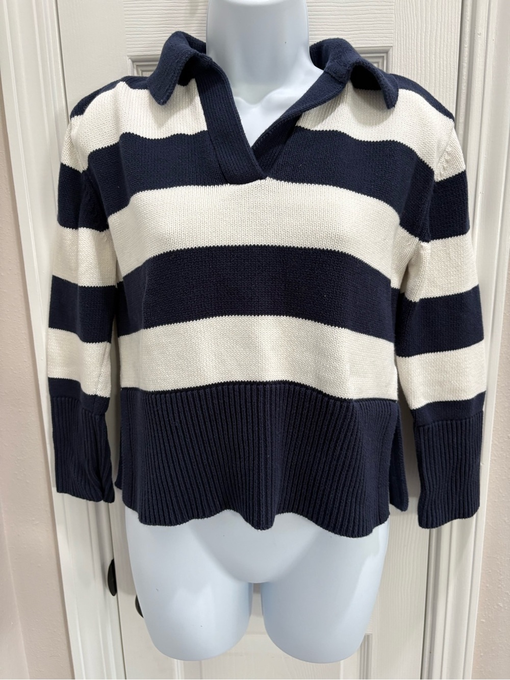Jessica Simpson Navy and Cream Striped V-Neck Sweater